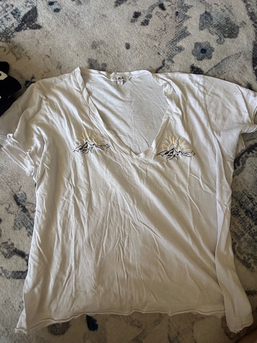 LNA White Short Sleeve V-Neck Tee with Sun & Mountain Embroidery